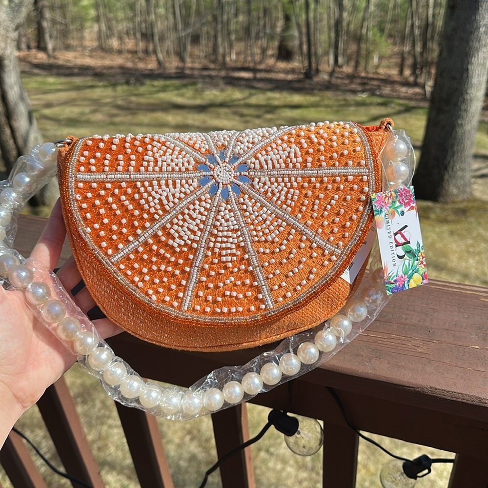 NWT VIRAL RARE Orange Beaded Handbag with Pearl Strap - Picture 3 of 13